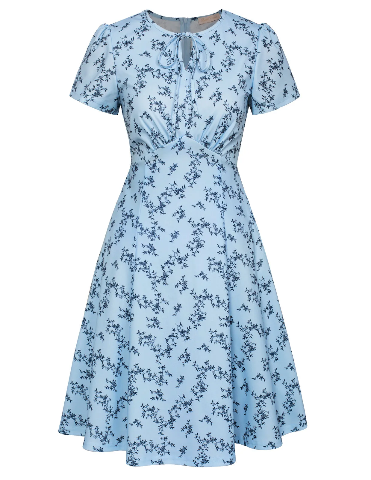 Vintage Floral Pattern A-Line Swing Dress Keyhole Tie Dress Round Neck Work Dress Tea Dress