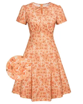 Vintage Floral Pattern A-Line Swing Dress Keyhole Tie Dress Round Neck Work Dress Tea Dress