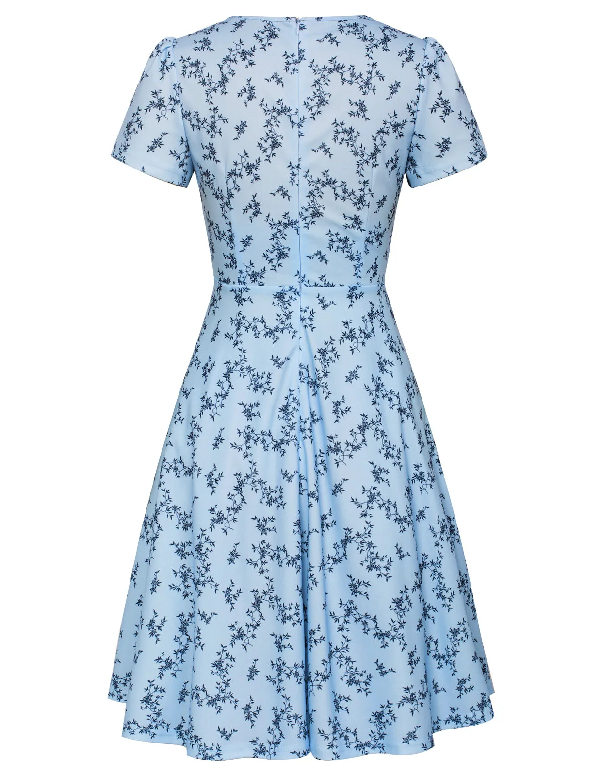 Vintage Floral Pattern A-Line Swing Dress Keyhole Tie Dress Round Neck Work Dress Tea Dress