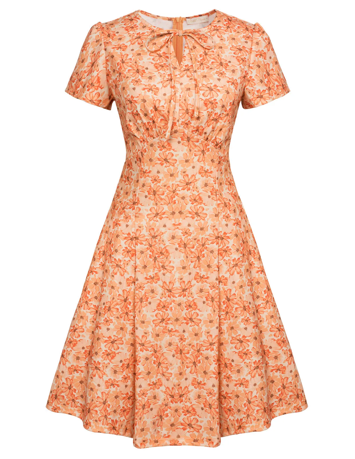 Vintage Floral Pattern A-Line Swing Dress Keyhole Tie Dress Round Neck Work Dress Tea Dress