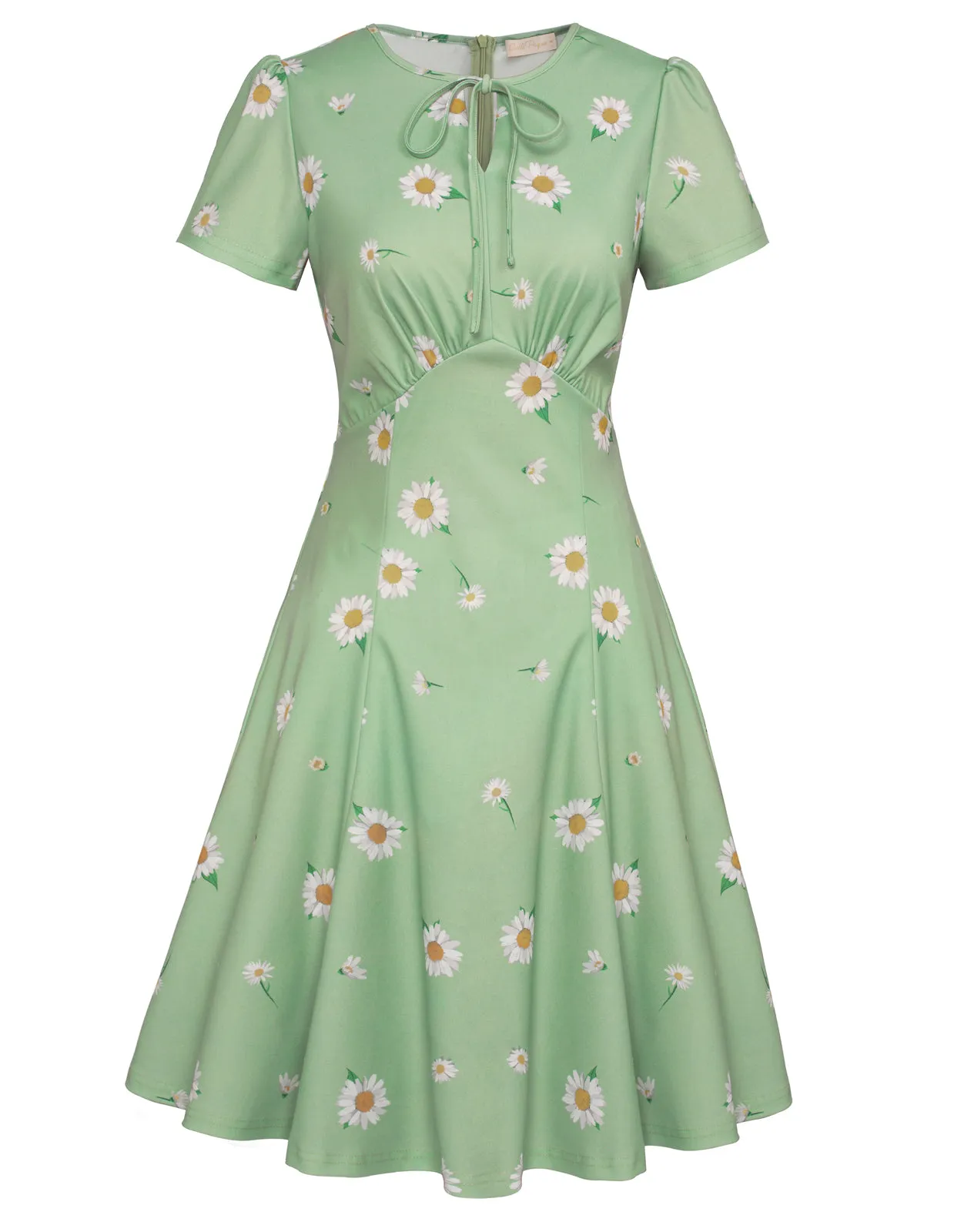 Vintage Floral Pattern A-Line Swing Dress Keyhole Tie Dress Round Neck Work Dress Tea Dress