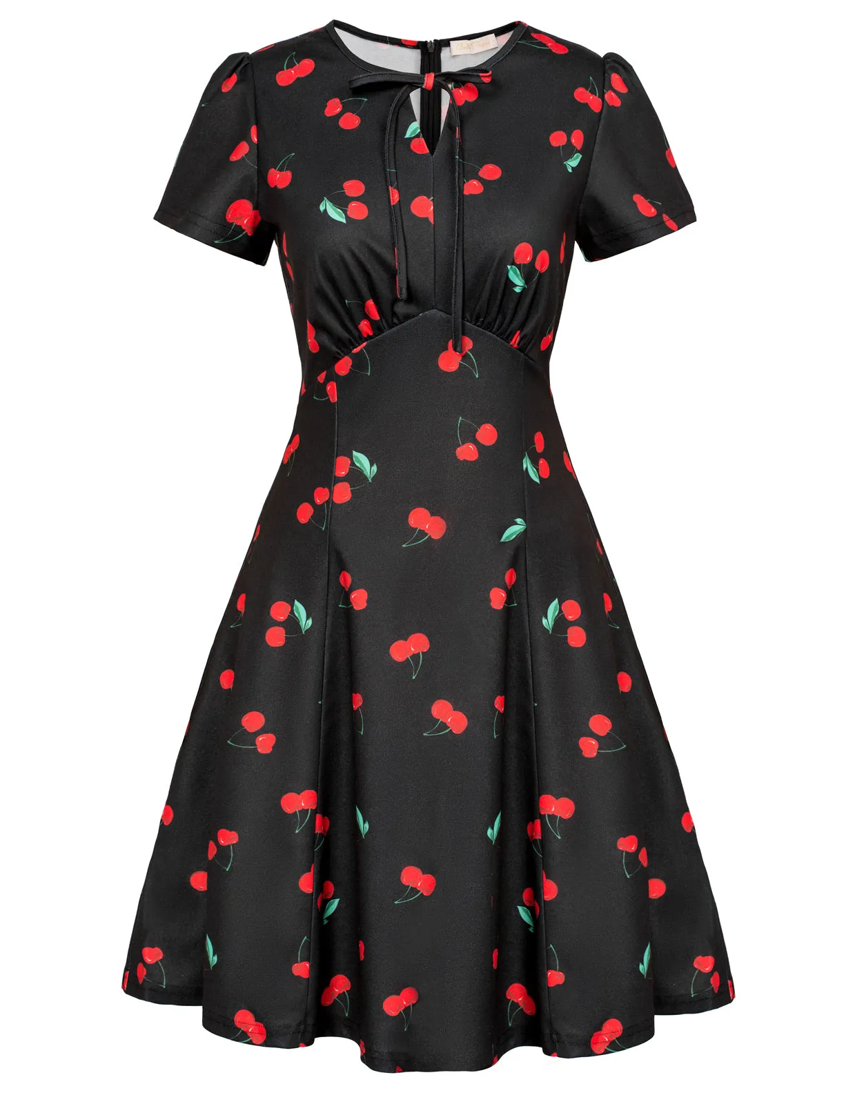 Vintage Floral Pattern A-Line Swing Dress Keyhole Tie Dress Round Neck Work Dress Tea Dress