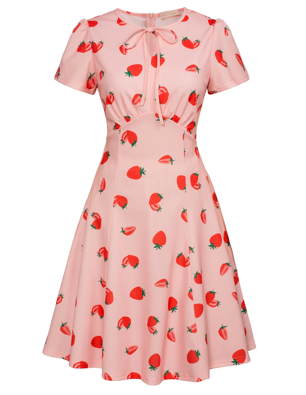 Vintage Floral Pattern A-Line Swing Dress Keyhole Tie Dress Round Neck Work Dress Tea Dress