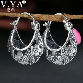 Vintage Flower Hoop Earrings 925 Sterling Silver Earrings