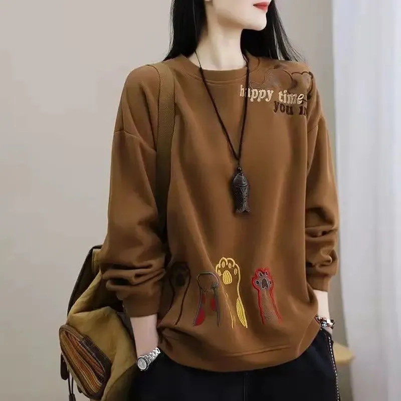 Vintage Sping Autumn New Women's O-Neck Letter Embroidered Korean Fashion Casual All-match Long Sleeve Loose Sweatshirts Tops