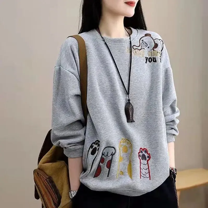 Vintage Sping Autumn New Women's O-Neck Letter Embroidered Korean Fashion Casual All-match Long Sleeve Loose Sweatshirts Tops