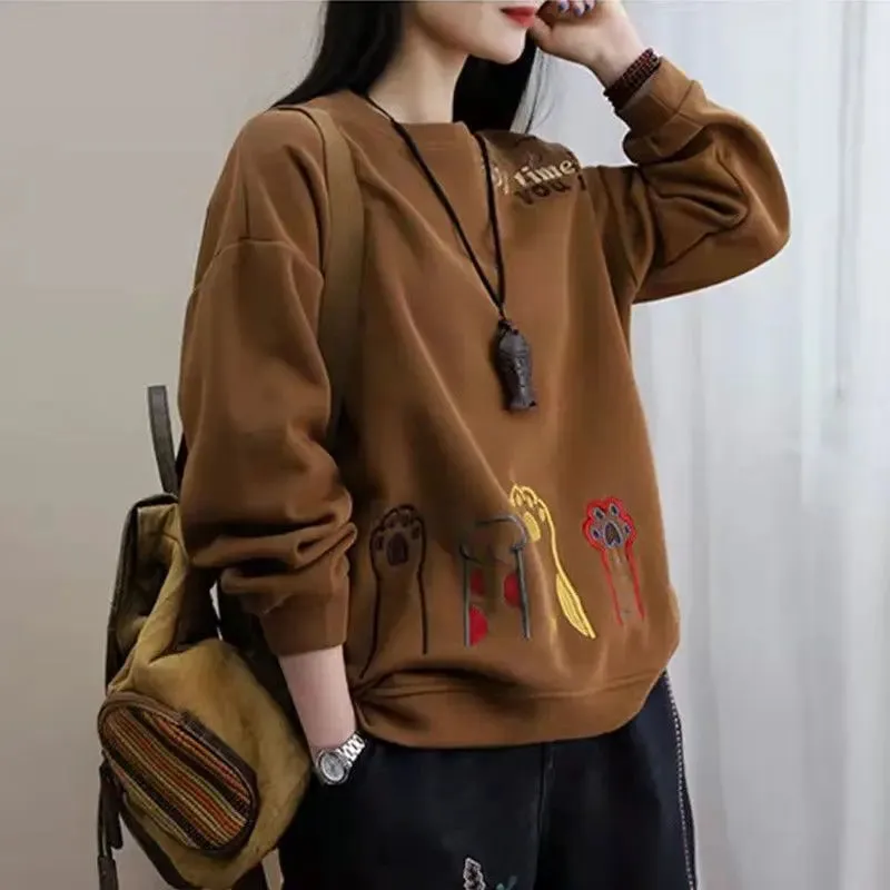 Vintage Sping Autumn New Women's O-Neck Letter Embroidered Korean Fashion Casual All-match Long Sleeve Loose Sweatshirts Tops