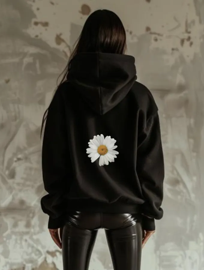 WHITE DAISY HOODIE - BLACK