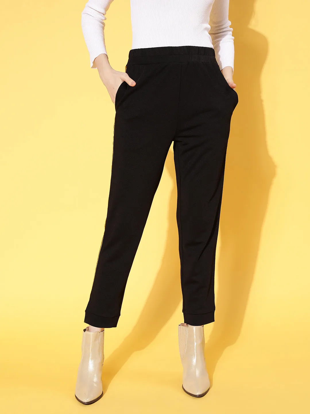 Women Black Side Tape Detail Jogger Pants