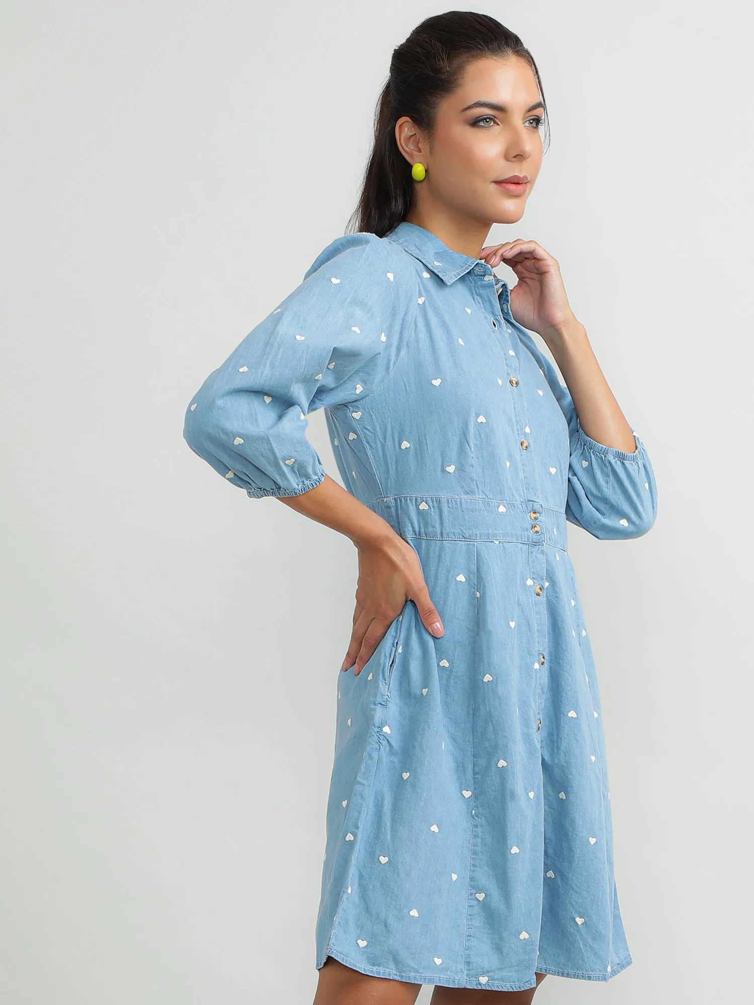 Women Cotton Blue Smart Dress