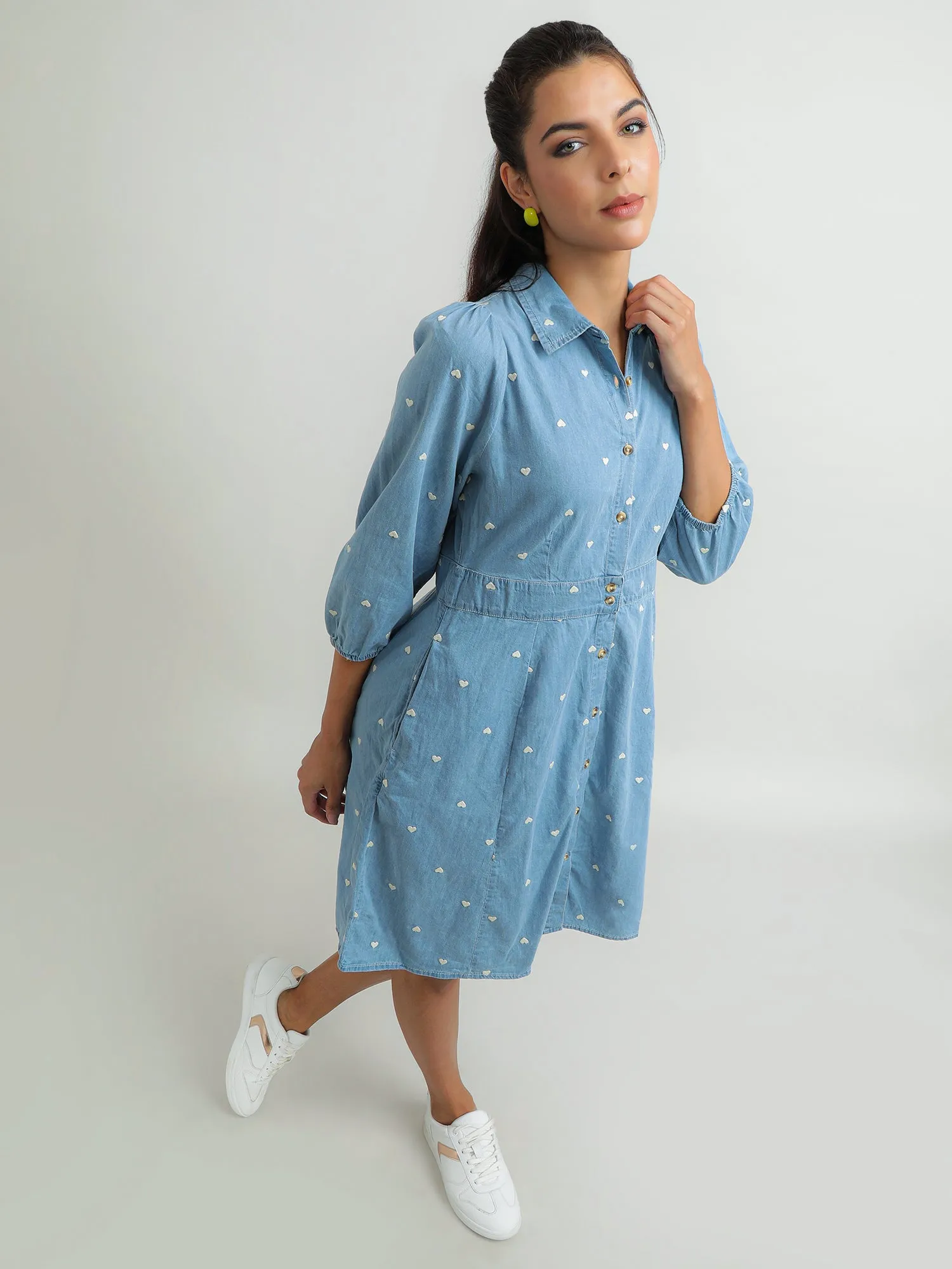 Women Cotton Blue Smart Dress