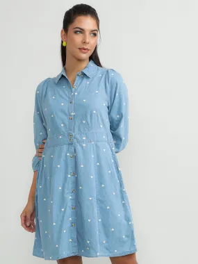 Women Cotton Blue Smart Dress