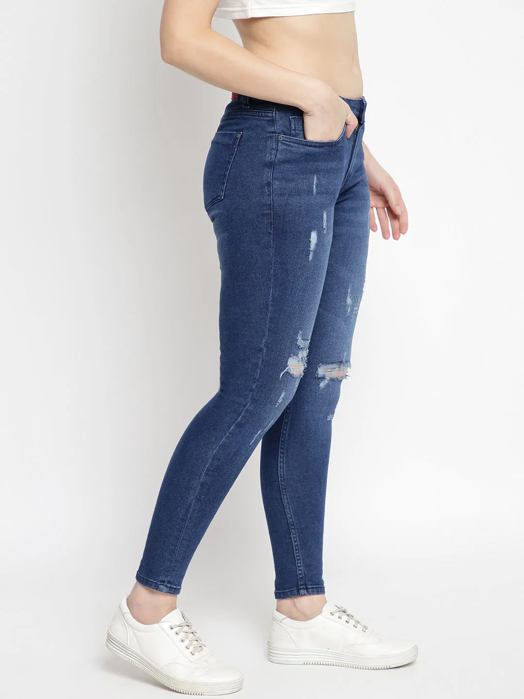 Women Dark Blue Ripped Skinny Denim Jeans