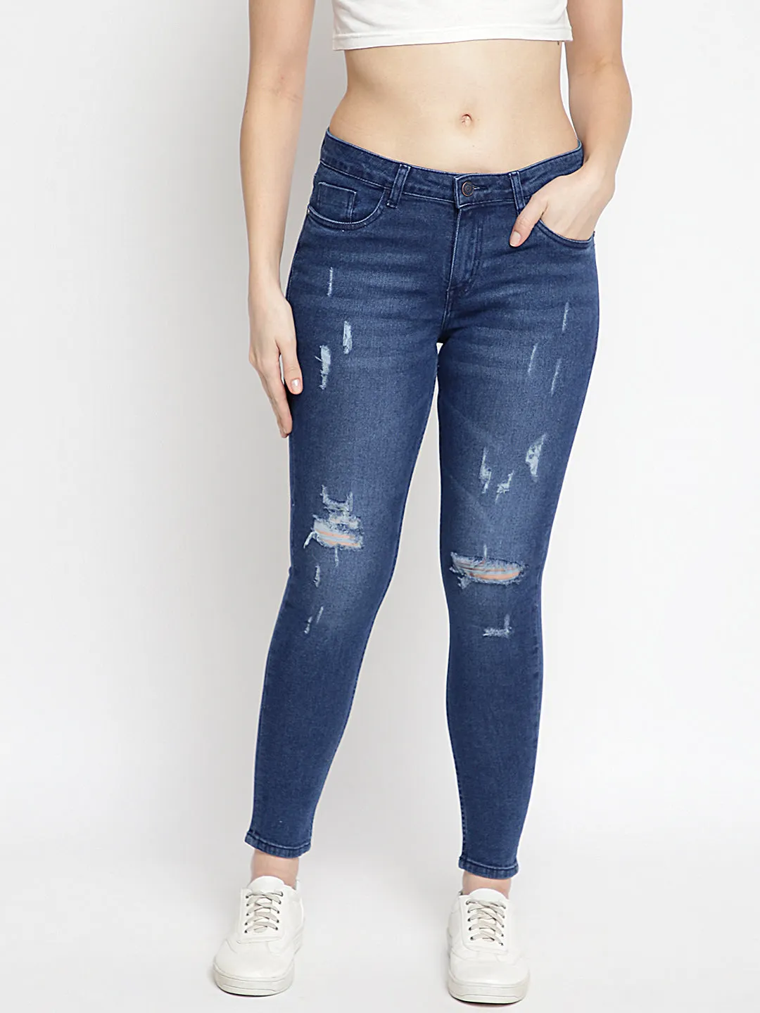 Women Dark Blue Ripped Skinny Denim Jeans