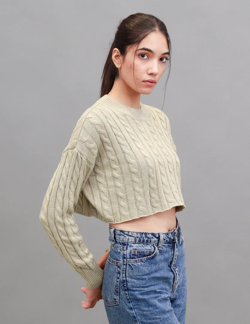 Women Green Cable Knit Sweater