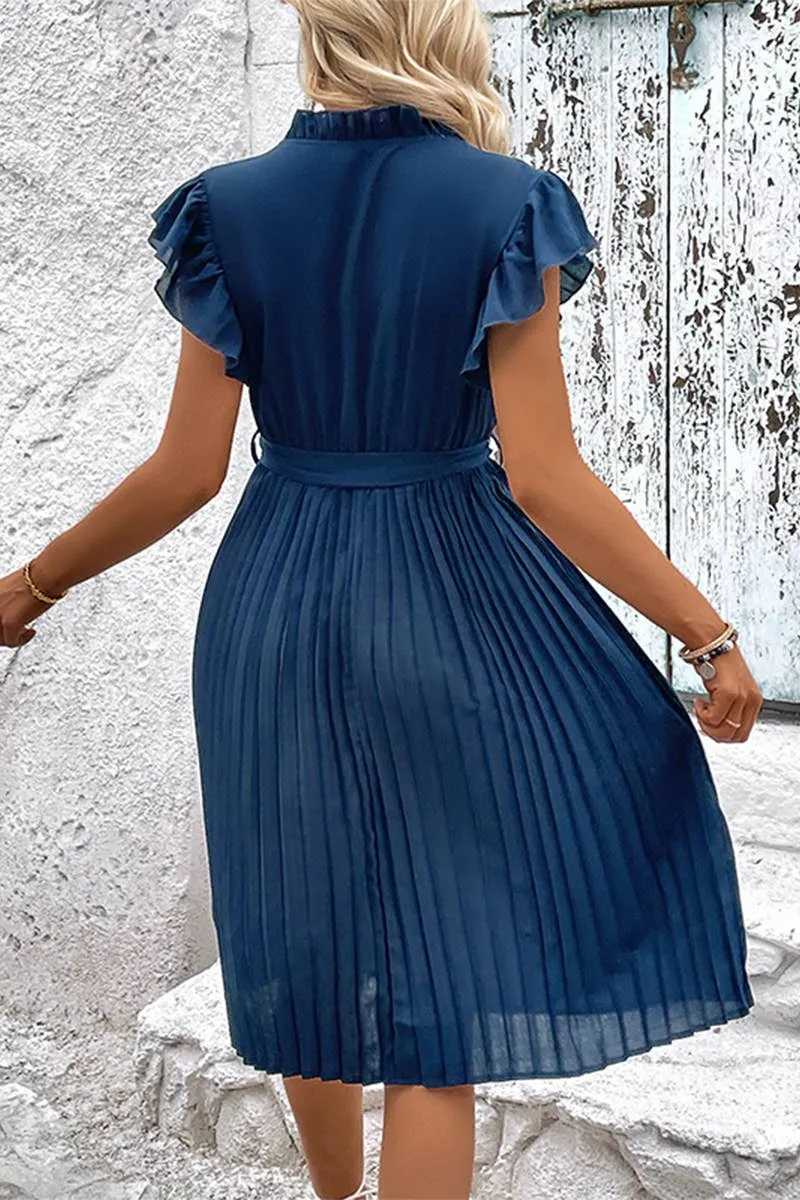 WOMEN RUFFLED HIGH NECK PLEATED KNEE LENGTH  Dress