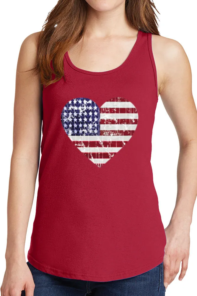 Women's American Distressed Heart Flag Core Cotton Tank Tops -XS~4XL