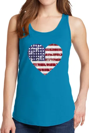 Women's American Distressed Heart Flag Core Cotton Tank Tops -XS~4XL