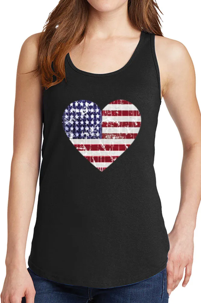 Women's American Distressed Heart Flag Core Cotton Tank Tops -XS~4XL