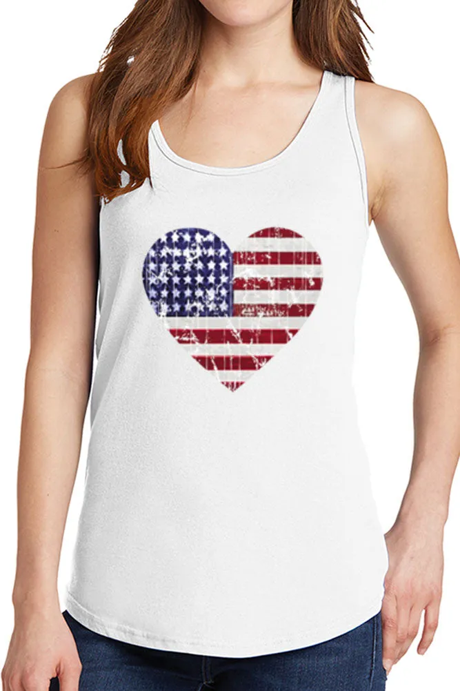 Women's American Distressed Heart Flag Core Cotton Tank Tops -XS~4XL