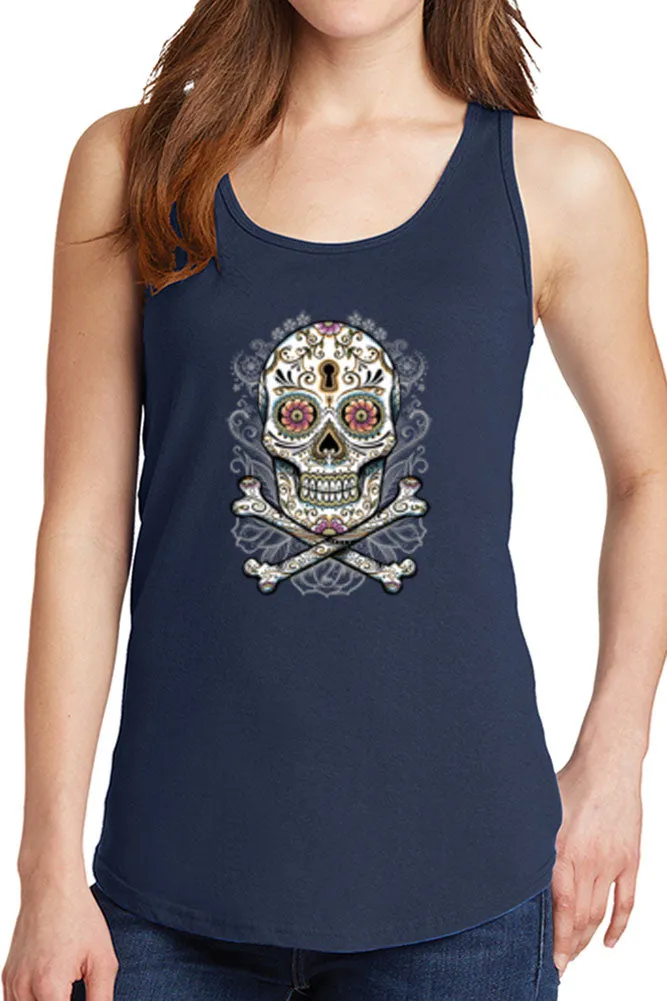 Women's Floral Skull with Crossbones Core Cotton Tank Tops -XS~4XL