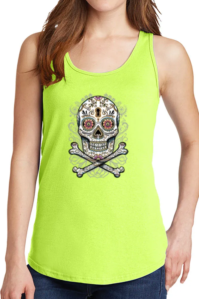 Women's Floral Skull with Crossbones Core Cotton Tank Tops -XS~4XL