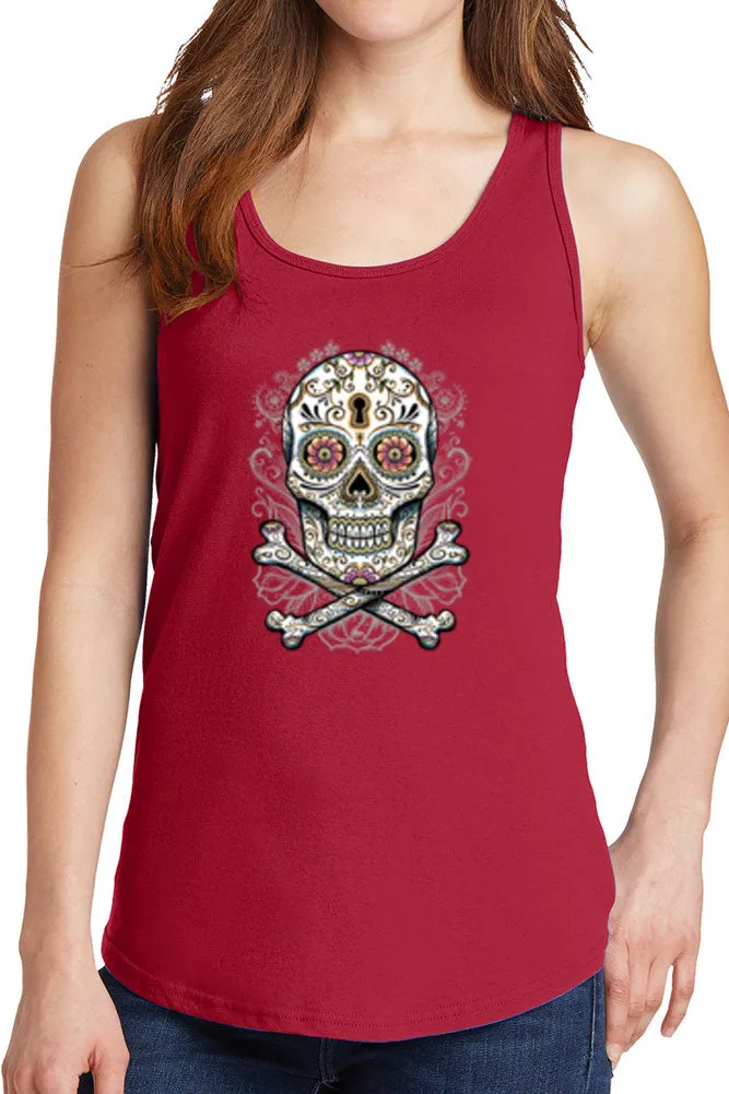 Women's Floral Skull with Crossbones Core Cotton Tank Tops -XS~4XL