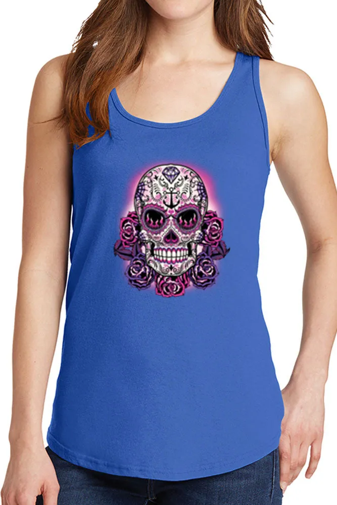 Women's Purple Floral Skull Core Cotton Tank Tops -XS~4XL