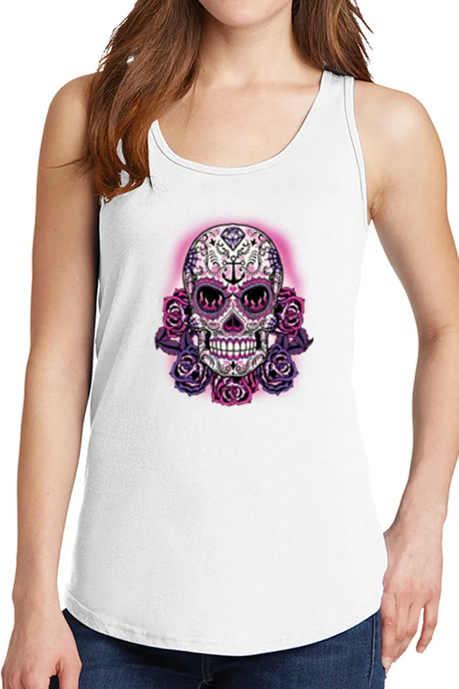 Women's Purple Floral Skull Core Cotton Tank Tops -XS~4XL