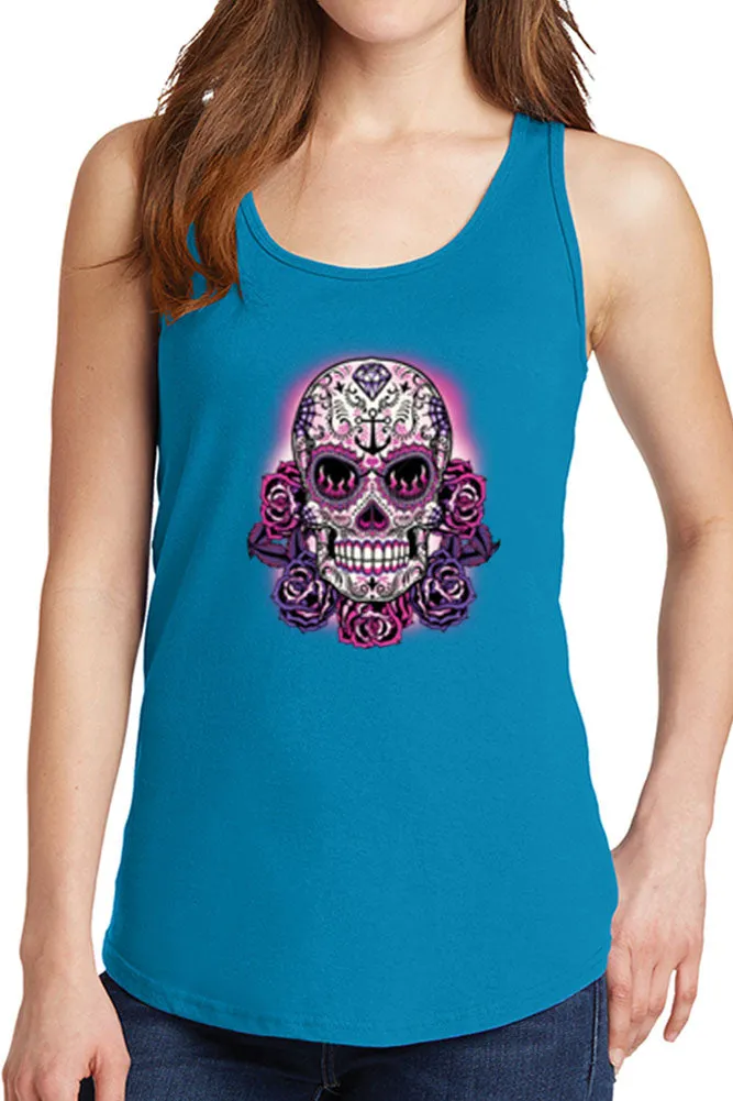 Women's Purple Floral Skull Core Cotton Tank Tops -XS~4XL