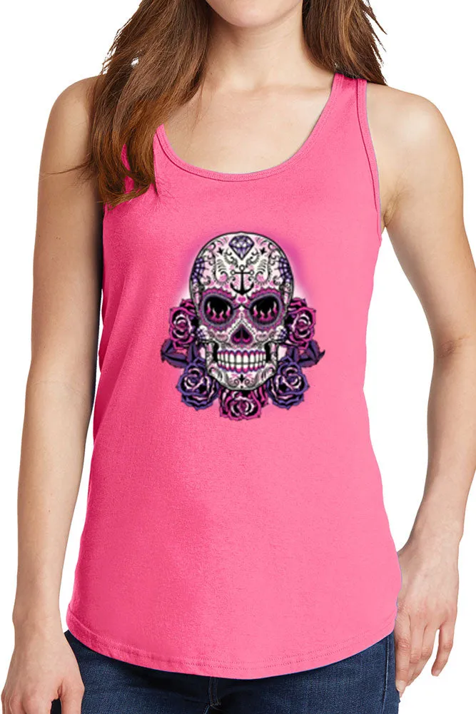 Women's Purple Floral Skull Core Cotton Tank Tops -XS~4XL