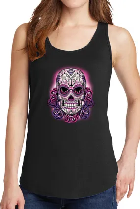 Women's Purple Floral Skull Core Cotton Tank Tops -XS~4XL