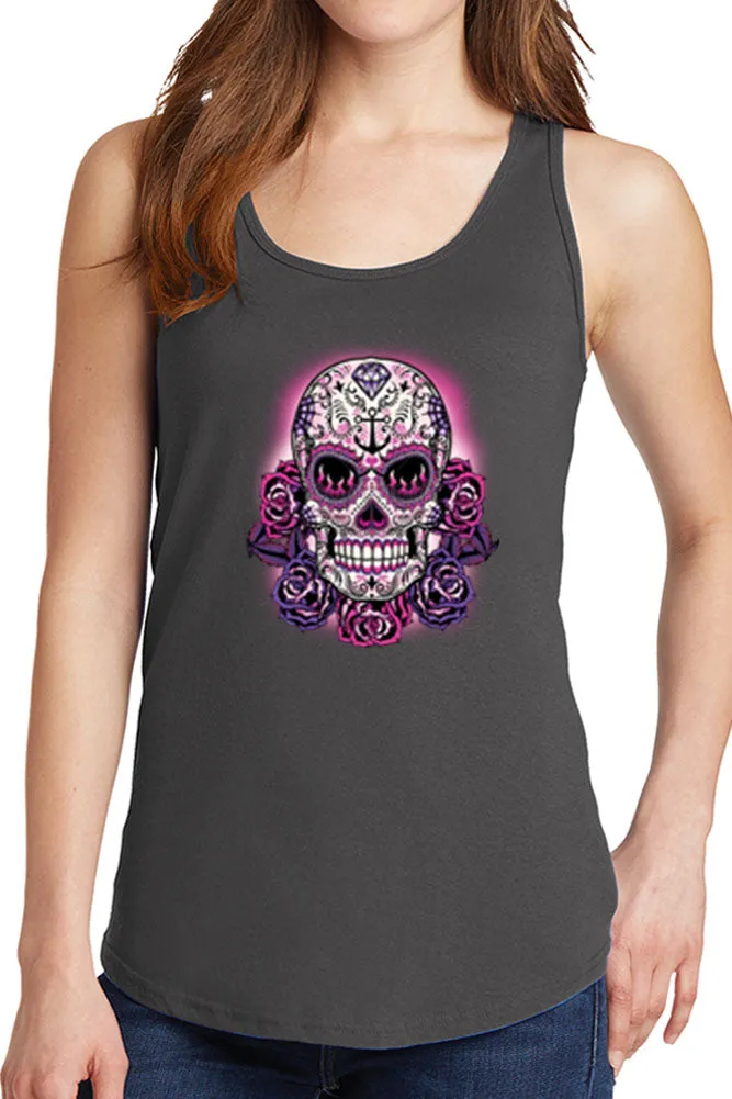 Women's Purple Floral Skull Core Cotton Tank Tops -XS~4XL