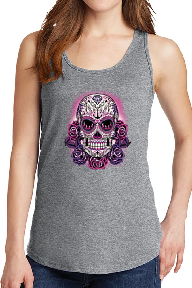 Women's Purple Floral Skull Core Cotton Tank Tops -XS~4XL