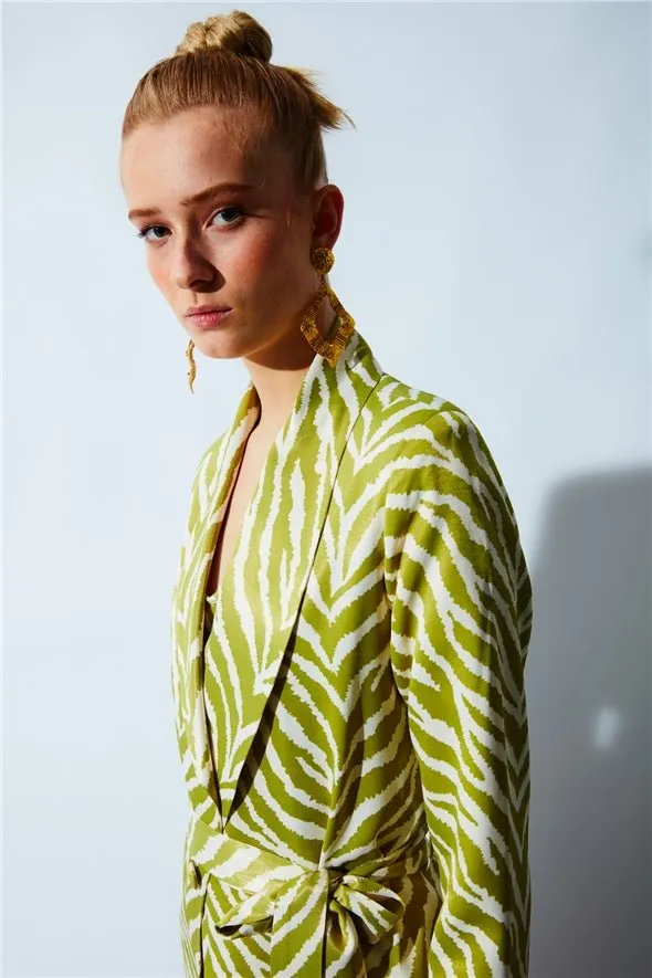 Zebra Satin Jacket with Belt -Green