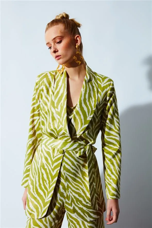 Zebra Satin Jacket with Belt -Green