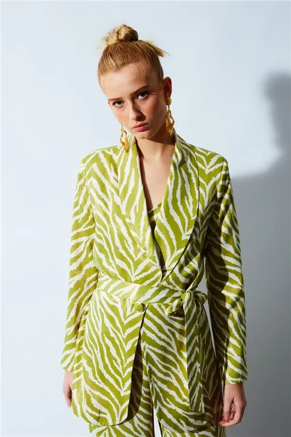 Zebra Satin Jacket with Belt -Green